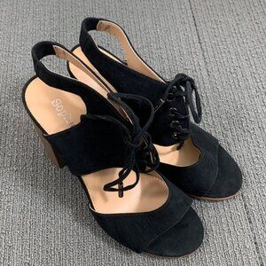Sophie17 Heeled Sandals Lace up Ghillies Womens Size 8 Black Faux Suede Lotus